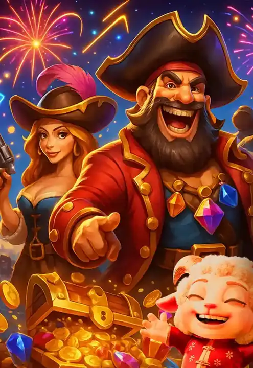 game_about_pc3 Permainan mesin slot pulau harta karun lanun berwarna-warni yang menampilkan simbol seperti syiling emas, peti harta karun dan kapal lanun.