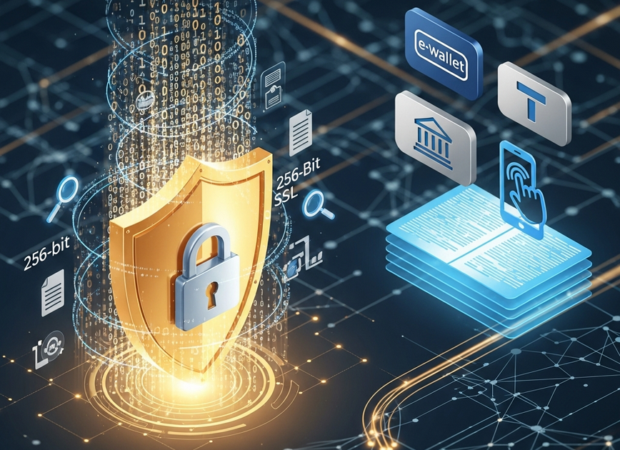 Digital rendering illustrating online casino security with a glowing padlock shield and abstract data encryption, alongside generic icons for secure and fast payment methods, symbolizing fair play and trustworthiness for online gaming.