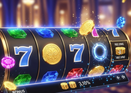 Vibrant online slot machine interface displaying a winning combination with glowing symbols and bonus features, representing a premium Malaysian online casino experience.