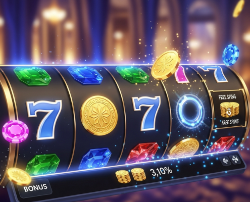 Vibrant online slot machine interface displaying a winning combination with glowing symbols and bonus features, representing a premium Malaysian online casino experience.