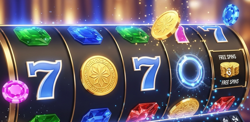 Vibrant online slot machine interface displaying a winning combination with glowing symbols and bonus features, representing a premium Malaysian online casino experience.