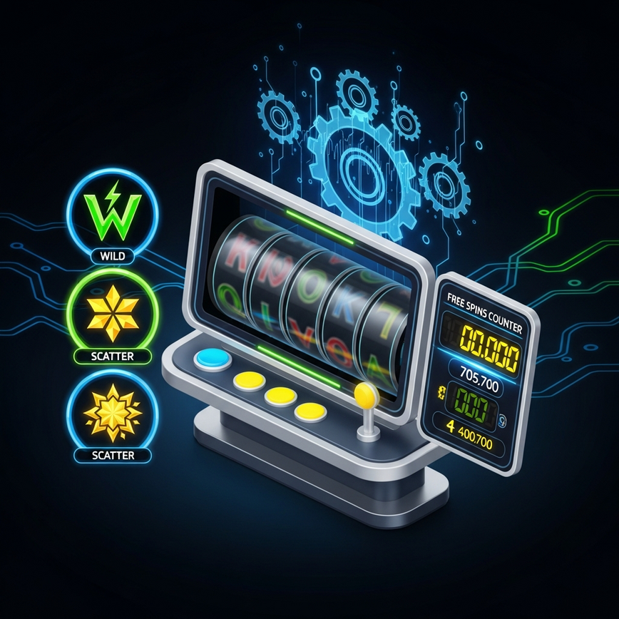 Illustrates core slot game mechanics like RNG, RTP, Wilds, Scatters, and bonus features in a clear, educational manner.