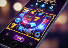 Vibrant mobile online slot game interface on a smartphone, showing spinning reels with winning symbols and a large progressive jackpot meter, representing a premium gaming experience on a Malaysian online platform.