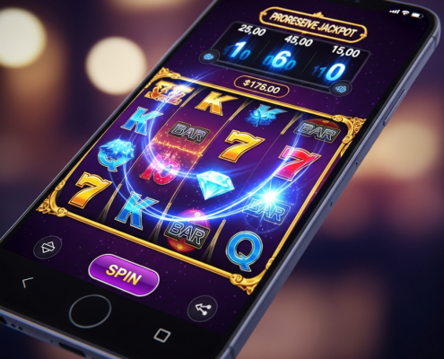 Vibrant mobile online slot game interface on a smartphone, showing spinning reels with winning symbols and a large progressive jackpot meter, representing a premium gaming experience on a Malaysian online platform.