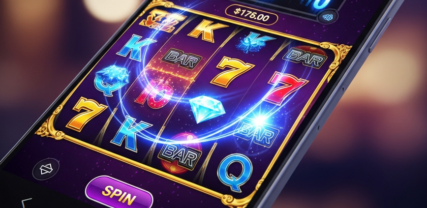 Vibrant mobile online slot game interface on a smartphone, showing spinning reels with winning symbols and a large progressive jackpot meter, representing a premium gaming experience on a Malaysian online platform.