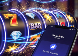 Vibrant online slot machine interface with spinning reels and winning symbols, alongside a mobile phone displaying a successful Touch n Go eWallet deposit confirmation, symbolizing fast and secure transactions for Malaysian players.