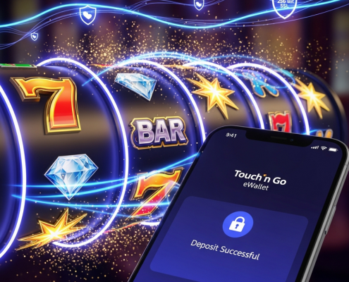 Vibrant online slot machine interface with spinning reels and winning symbols, alongside a mobile phone displaying a successful Touch n Go eWallet deposit confirmation, symbolizing fast and secure transactions for Malaysian players.