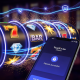 Vibrant online slot machine interface with spinning reels and winning symbols, alongside a mobile phone displaying a successful Touch n Go eWallet deposit confirmation, symbolizing fast and secure transactions for Malaysian players.
