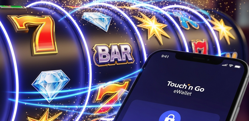 Vibrant online slot machine interface with spinning reels and winning symbols, alongside a mobile phone displaying a successful Touch n Go eWallet deposit confirmation, symbolizing fast and secure transactions for Malaysian players.