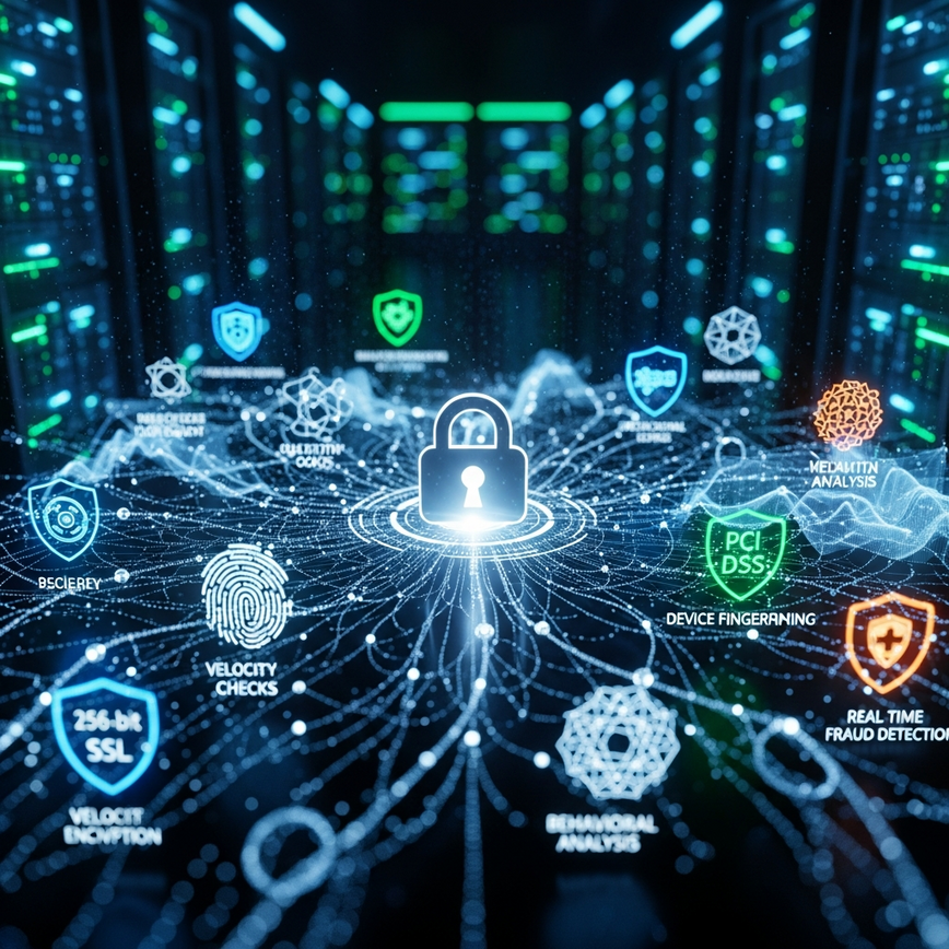 Menggambarkan protokol keselamatan termaju dan sistem pencegahan penipuan yang dibincangkan dalam artikel, menonjolkan penyulitan data dan pemantauan masa nyata.