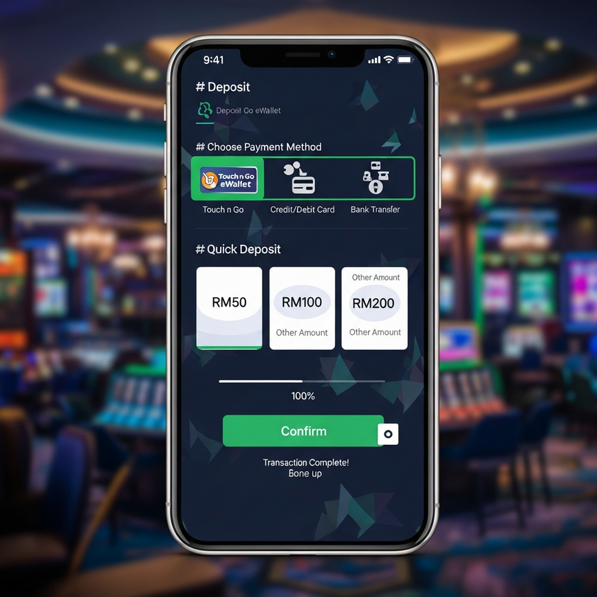Menggambarkan pengalaman pengguna yang lancar dan pantas semasa membuat deposit menggunakan Touch n Go eWallet pada antara muka kasino mudah alih.