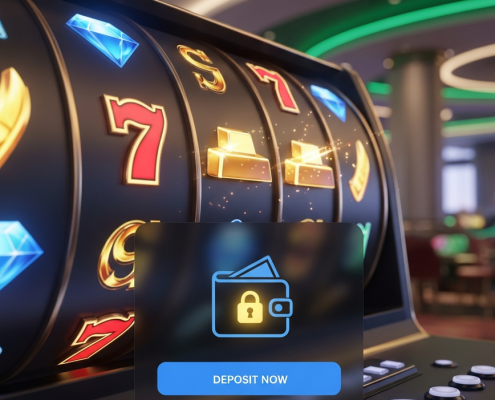 A modern online slot machine interface with vibrant reels and a secure digital e-wallet payment gateway, symbolizing GrabPay integration for online slots in Malaysia.