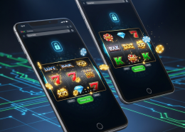 Sleek smartphone and tablet displaying vibrant no-download online slot games within web browsers, with secure padlock icons, symbolizing instant, secure, and cross-device gaming in Malaysia.