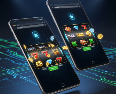 Sleek smartphone and tablet displaying vibrant no-download online slot games within web browsers, with secure padlock icons, symbolizing instant, secure, and cross-device gaming in Malaysia.