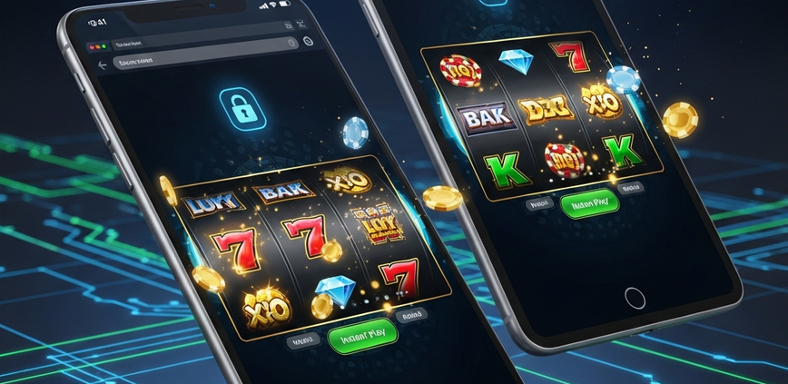Sleek smartphone and tablet displaying vibrant no-download online slot games within web browsers, with secure padlock icons, symbolizing instant, secure, and cross-device gaming in Malaysia.