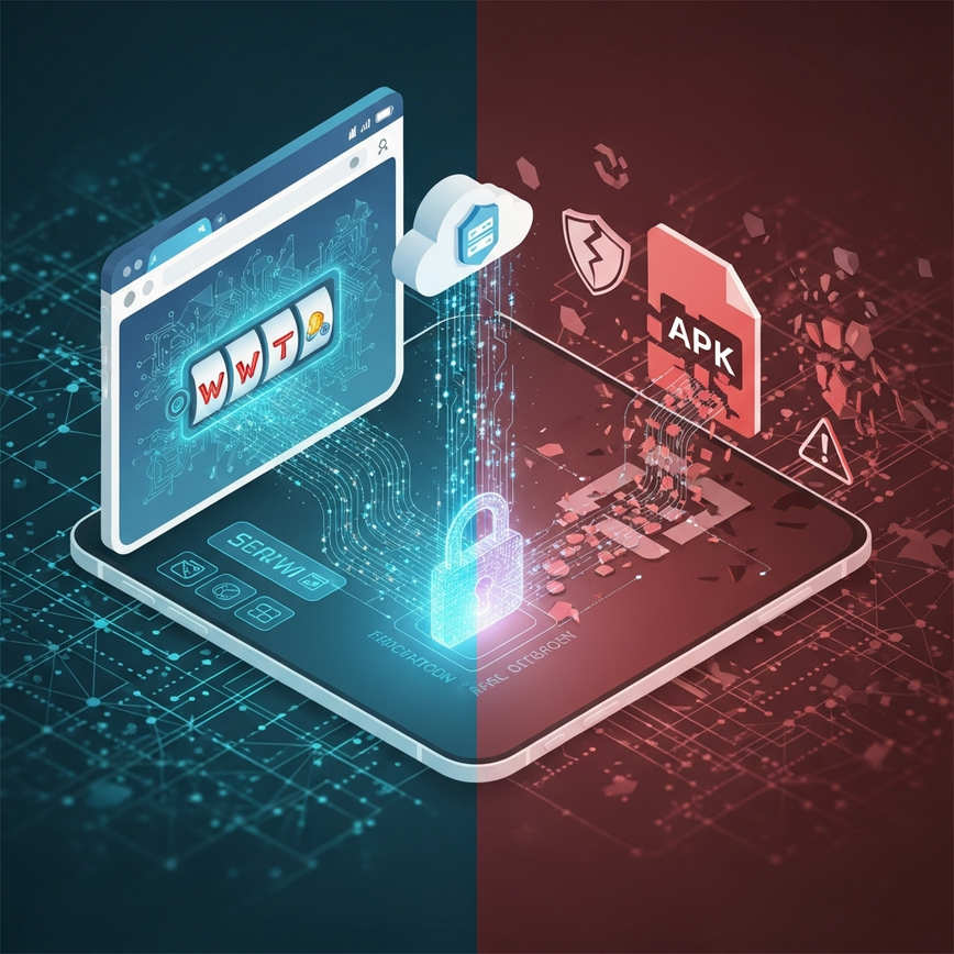 Menggambarkan keselamatan dan privasi unggul slot dalam talian berasaskan pelayar berbanding risiko yang wujud pada fail APK, dengan penekanan pada perlindungan data dan pelaksanaan terpencil.