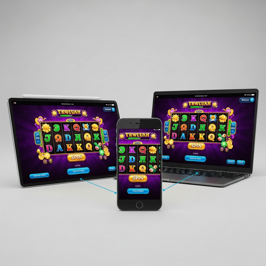 Menunjukkan kebolehcapaian segera dan penyelarasan antara peranti yang lancar bagi slot tanpa muat turun, membolehkan pemain bermain dengan mudah merentasi pelbagai peranti tanpa pemasangan.