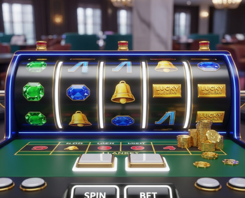 Vibrant online slot machine interface showing spinning reels with generic winning symbols and a clean, accessible virtual control panel, representing a transparent and budget-friendly gaming experience in Malaysia.