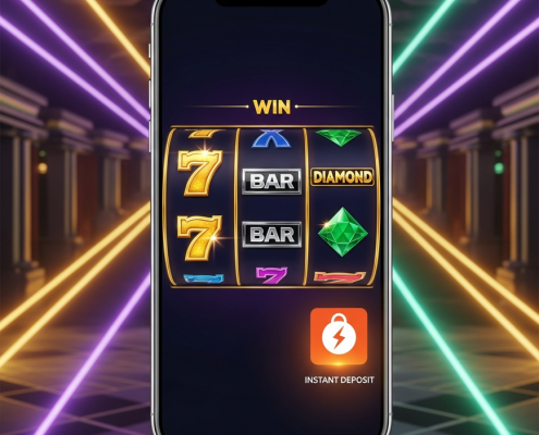 Sleek smartphone displaying a vibrant online slot game with an integrated ShopeePay payment option, symbolizing instant deposits and secure mobile gaming in Malaysia.