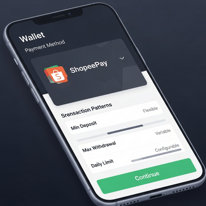 Menggambarkan antara muka dompet kasino yang bersih dan dioptimumkan untuk mudah alih yang menunjukkan ShopeePay sebagai pilihan pembayaran, bersama dengan had transaksi generik atau carta analitis perbelanjaan yang dipermudahkan, menonjolkan kemudahan penggunaan dan pengurusan kewangan.