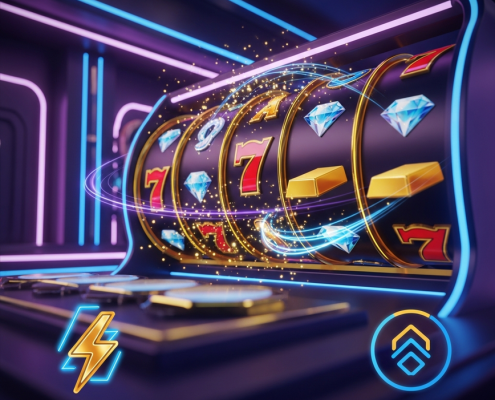 Ultra-modern online slot machine interface with vibrant spinning reels and winning symbols, set in a luxurious digital casino environment, representing the superior experience of a slots-only platform.