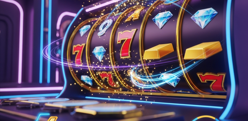 Ultra-modern online slot machine interface with vibrant spinning reels and winning symbols, set in a luxurious digital casino environment, representing the superior experience of a slots-only platform.