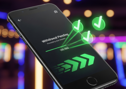 Mobile phone screen showing a 'Withdrawal Pending' message on a generic online casino app, with glowing green checkmarks indicating a fast resolution to withdrawal problems.