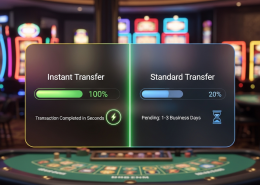 Split digital interface comparing DuitNow's instant transaction completion with a traditional bank transfer's pending status, set against a luxurious online casino backdrop, highlighting speed and efficiency for Malaysian players.