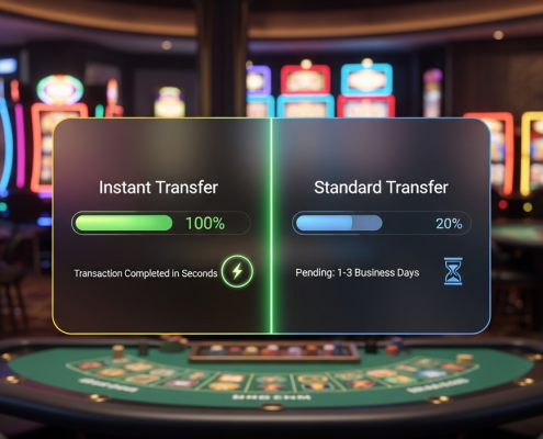 Split digital interface comparing DuitNow's instant transaction completion with a traditional bank transfer's pending status, set against a luxurious online casino backdrop, highlighting speed and efficiency for Malaysian players.