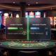Split digital interface comparing DuitNow's instant transaction completion with a traditional bank transfer's pending status, set against a luxurious online casino backdrop, highlighting speed and efficiency for Malaysian players.
