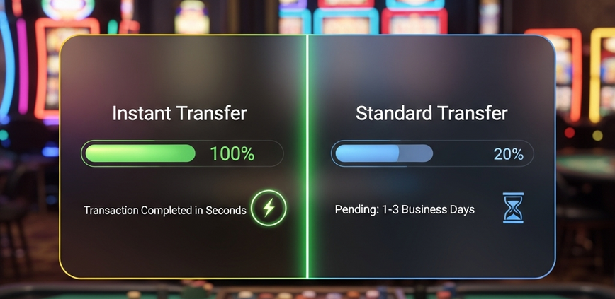 Split digital interface comparing DuitNow's instant transaction completion with a traditional bank transfer's pending status, set against a luxurious online casino backdrop, highlighting speed and efficiency for Malaysian players.