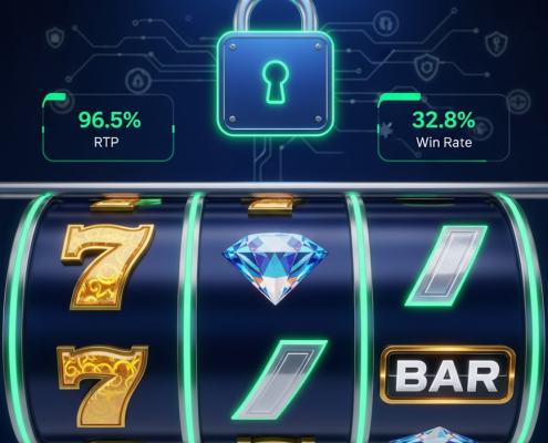Vibrant online slot machine interface with spinning reels, showing generic winning symbols and digital displays for RTP and Win Rate, set against a backdrop of abstract security icons and data encryption lines, symbolizing trust and fair play in online gaming.