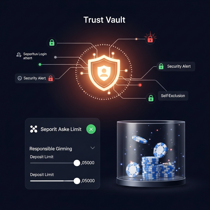 Menggambarkan rangka kerja 'Trust Vault', merangkumi perlindungan data, keselamatan kewangan, dan alat permainan bertanggungjawab untuk keselamatan pemain.
