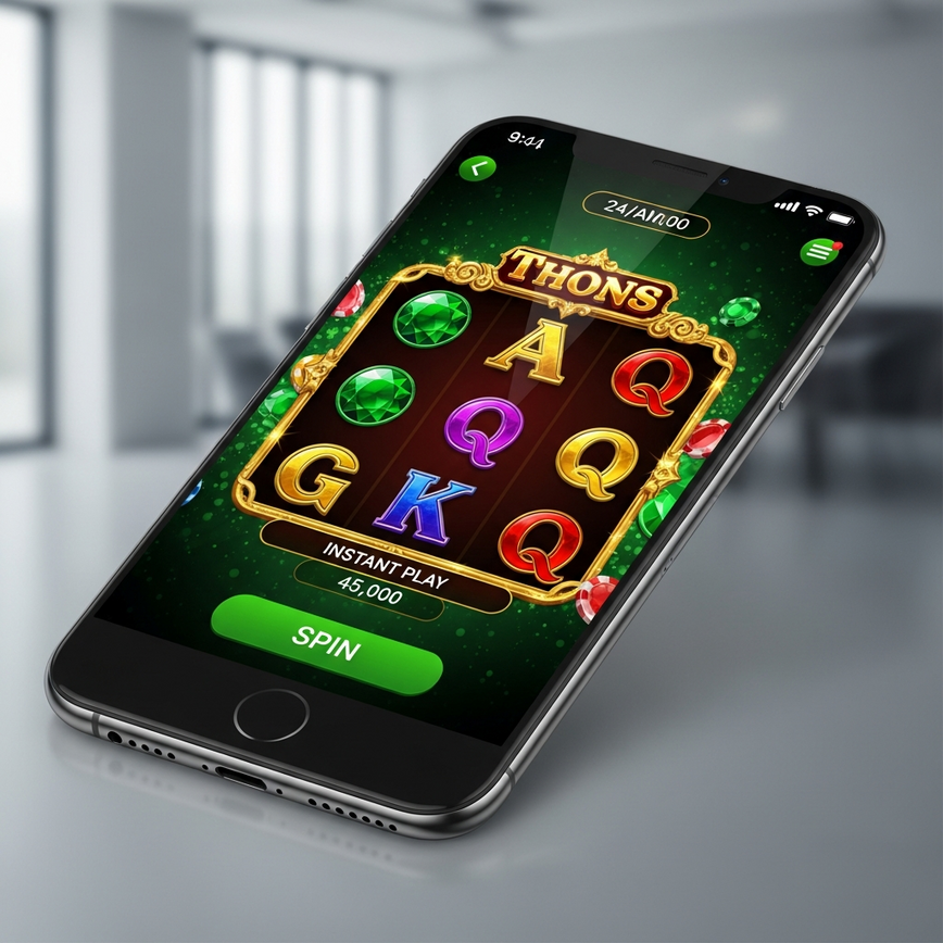 Menggambarkan antara muka permainan slot mudah alih yang kemas dan dioptimumkan, menonjolkan pemuatan pantas dan prestasi lancar pada telefon pintar.