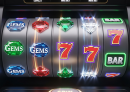 Vibrant online slot machine interface with spinning reels, showing abstract winning symbols and subtle digital security graphics, representing certified fair play and RNG integrity.