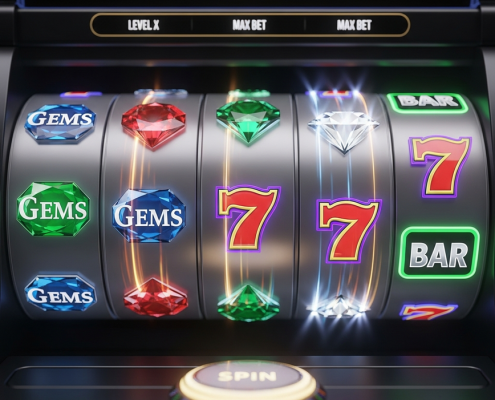 Vibrant online slot machine interface with spinning reels, showing abstract winning symbols and subtle digital security graphics, representing certified fair play and RNG integrity.