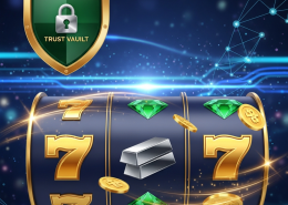 A hyper-realistic digital rendering of a secure online casino interface featuring a vibrant slot machine with spinning reels, symbolizing 918Kiss reliability and Pirate777's Trust Vault.