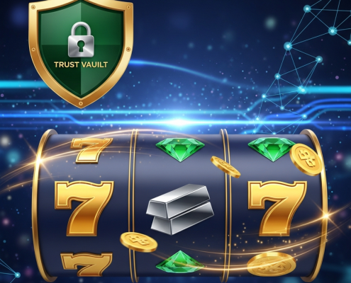 A hyper-realistic digital rendering of a secure online casino interface featuring a vibrant slot machine with spinning reels, symbolizing 918Kiss reliability and Pirate777's Trust Vault.