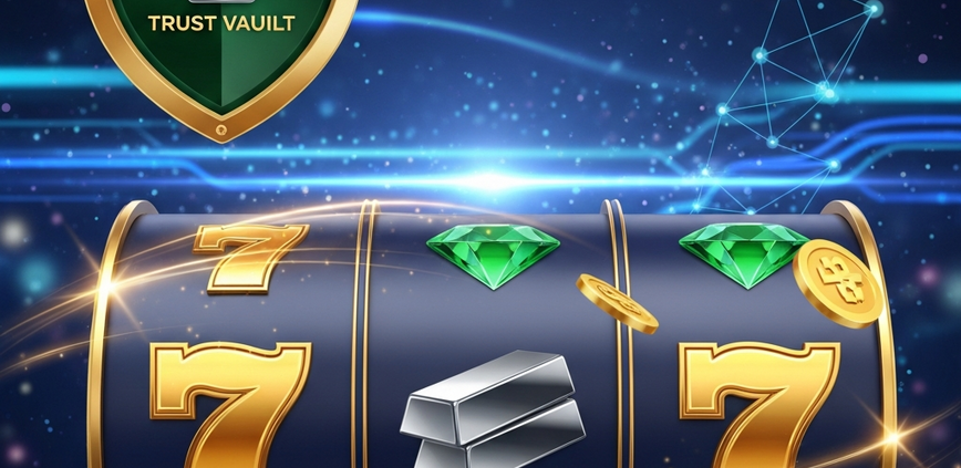 A hyper-realistic digital rendering of a secure online casino interface featuring a vibrant slot machine with spinning reels, symbolizing 918Kiss reliability and Pirate777's Trust Vault.