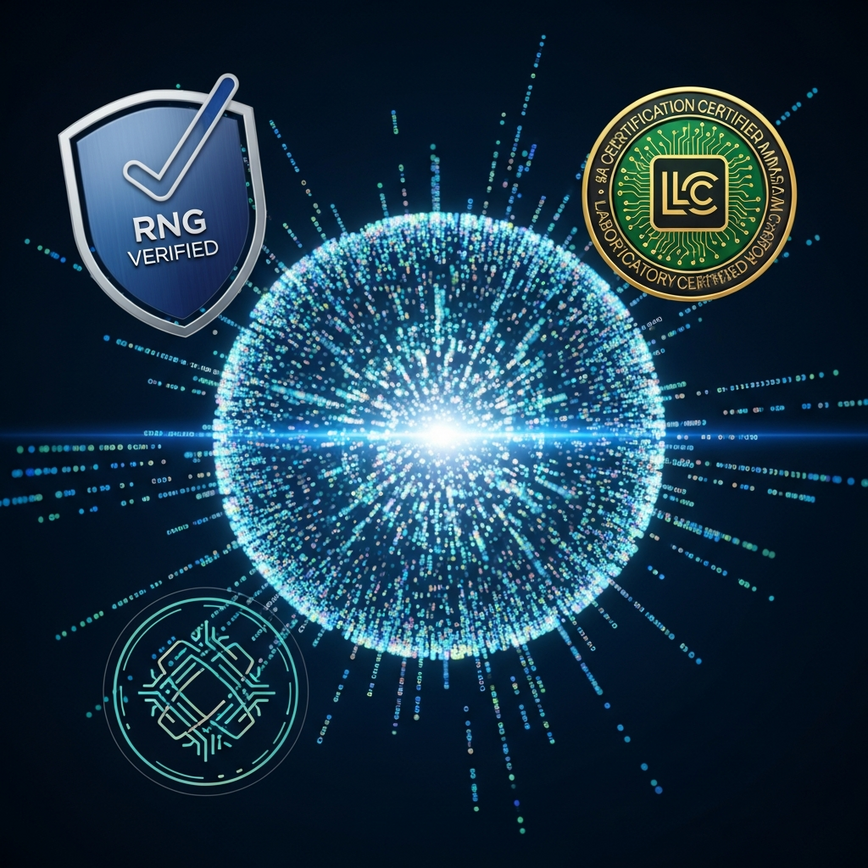 Menggambarkan konsep teknologi Random Number Generator (RNG) yang disahkan dan ujian bebas, mengukuhkan keadilan permainan 918Kiss.