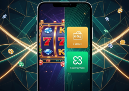 A split-screen mobile interface comparing Touch 'n Go eWallet and DuitNow payment methods for online slot gaming, highlighting fast and secure transactions.