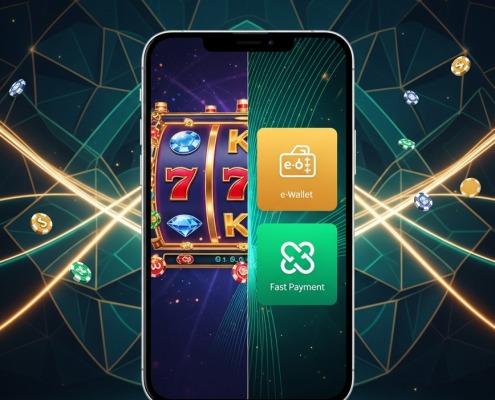 A split-screen mobile interface comparing Touch 'n Go eWallet and DuitNow payment methods for online slot gaming, highlighting fast and secure transactions.