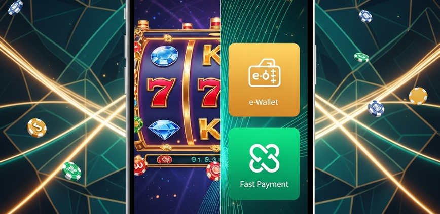 A split-screen mobile interface comparing Touch 'n Go eWallet and DuitNow payment methods for online slot gaming, highlighting fast and secure transactions.