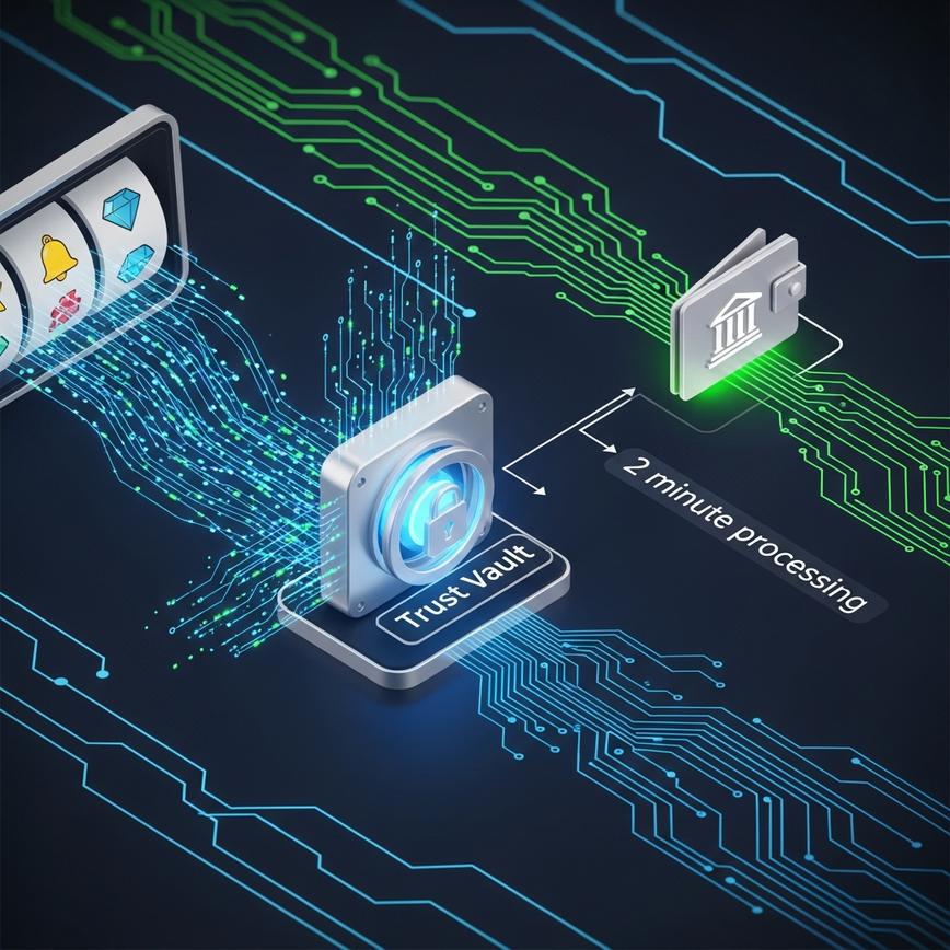 Menggambarkan konsep pengeluaran ultra-pantas dan pemprosesan pembayaran yang selamat, menekankan sistem 'Trust Vault' dan kelajuan payout 2 minit.