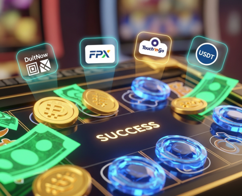 Vibrant online slot machine interface showing a 'Top-Up Success' message, surrounded by glowing digital currency symbols and subtle Malaysian payment method icons like DuitNow QR and Touch 'n Go, set in a premium digital casino environment.