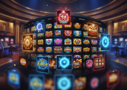 Vibrant, premium online slot game lobby interface with a grid of diverse slot machine thumbnails, symbolizing a vast library of over 1000 games from multiple providers.