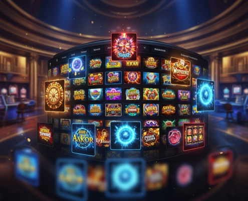 Vibrant, premium online slot game lobby interface with a grid of diverse slot machine thumbnails, symbolizing a vast library of over 1000 games from multiple providers.