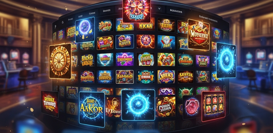 Vibrant, premium online slot game lobby interface with a grid of diverse slot machine thumbnails, symbolizing a vast library of over 1000 games from multiple providers.