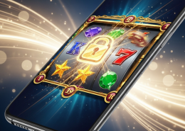 A premium mobile phone displaying a vibrant online casino game interface with dynamic slot reels and a prominent secure padlock icon, symbolizing safe and trusted mobile gaming for Malaysian players.