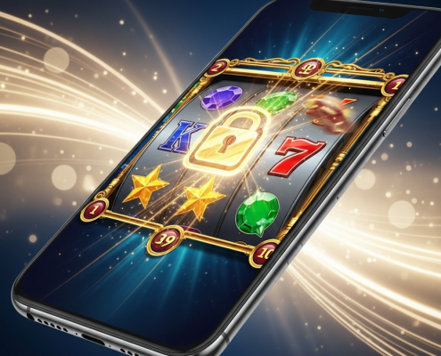 A premium mobile phone displaying a vibrant online casino game interface with dynamic slot reels and a prominent secure padlock icon, symbolizing safe and trusted mobile gaming for Malaysian players.